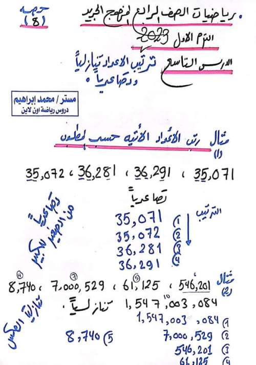 مدرس دوت كوم الدرس التاسع ترتيب الاعداد تنازليا وتصاعديا رياضيات للصف الرابع الابتدائي ترم أول 2023 أ/ محمد إبراهيم	