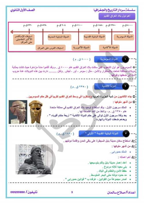 الدرس الأول تاريخ حضارة العراق القديم للصف الأول الثانوي ترم محمد