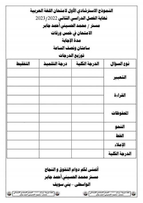 مدراول نماذج استرشادية في اللغة العربية للصف السادس الابتدائي ترم ثاني 2023 أ/ محمد الحسيني	