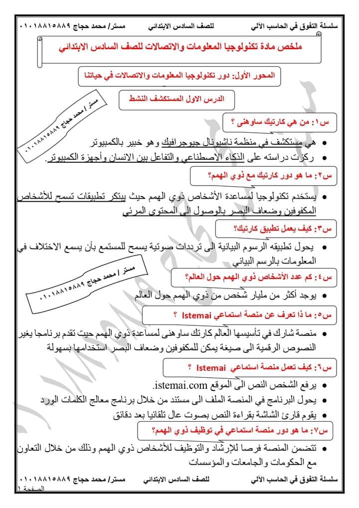 سؤال وجواب فى مادة تكنولوجيا المعلومات للصف مدرس اول