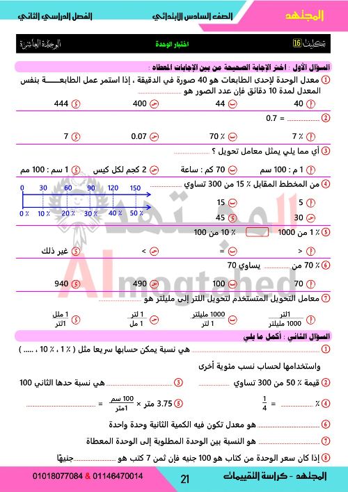 مدراول اختبار الوحدة 10 فى الرياضيات من أسرة المجتهد للصف السادس الإبتدائى الترم الثانى 2024 أ/ عبد الفتاح جمعه	