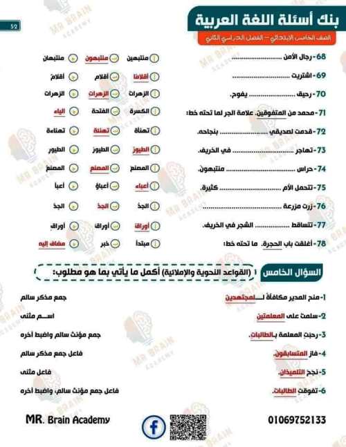 مدرس اول مراجعة نهائية لغة عربية الصف الخامس الابتدائي الترم الثانى	