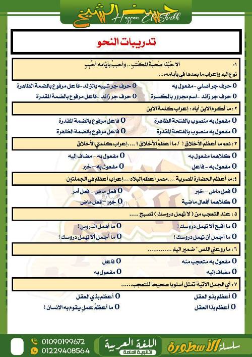 مدرس اول مراجعة فى مادة اللغة العربية الصف الثانى الثانوى الترم الثانى أ/ حسن الشيخ	