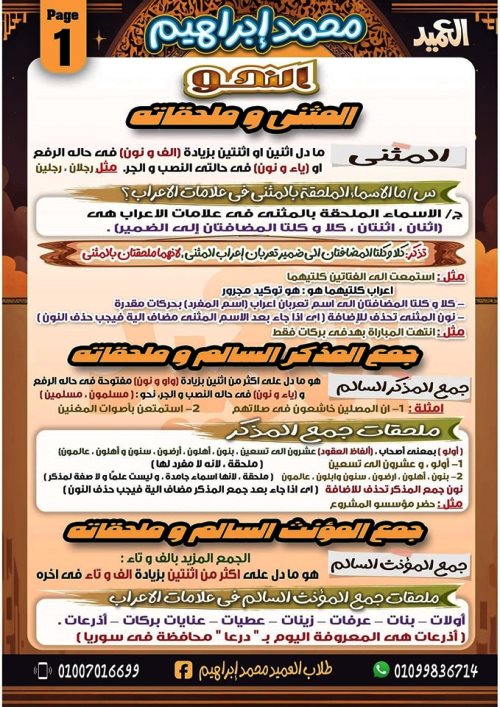 مدرس دوت كوم مراجعة نهائية ليلة الامتحان فى اللغة العربية الصف الاول الثانوى الترم الثانى أ/ محمد ابراهيم	