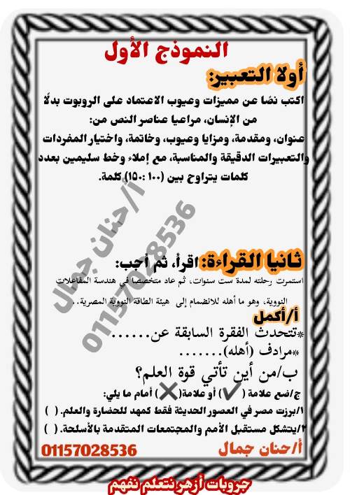 مدرس اول نماذج استرشادية فى مادة اللغة العربية الصف السادس الابتدائى الترم الثانى أ/ حنان جمال	