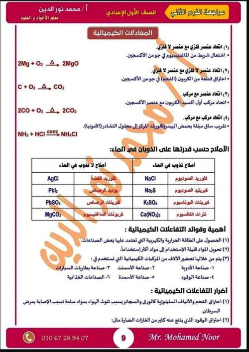 مدرس اول مذكرة مراجعة نهائية ليلة الامتحان بالإجابات فى مادة العلوم الصف الاول الاعدادى الترم الثانى أ/ محمد نورالدين	