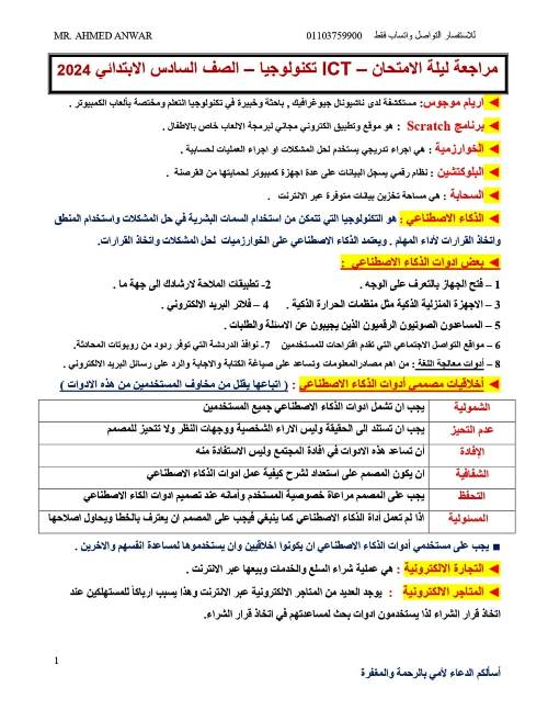 مدرس دوت كوم مراجعة ليلة الامتحان تكنولوجيا المعلومات والاتصالات للصف السادس الابتدائى الترم الثانى أ/ احمد انور	