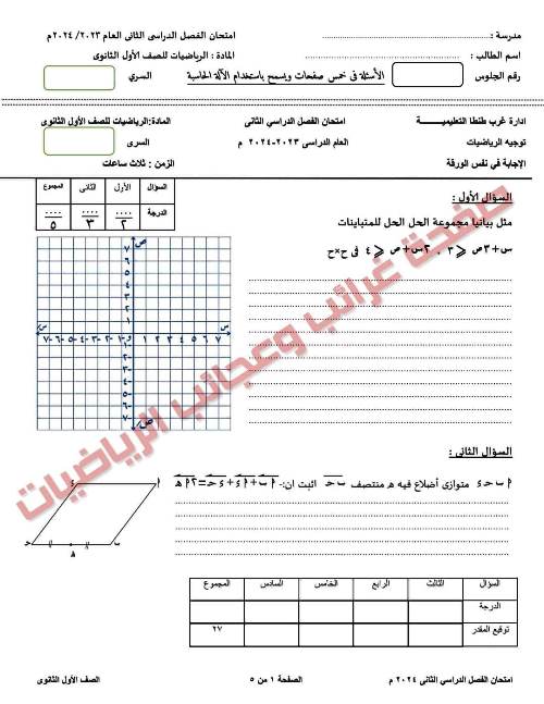 مدرس دوت كوم امتحان رياضيات الصف الاول الثانوى الترم الثانى ادارة غرب طنطا التعليمية	