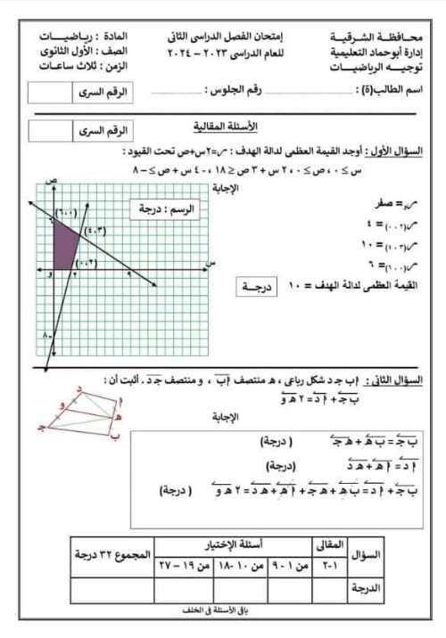 مدرس دوت كوم إمتحان إدارة أبو حماد التعليمية محافظة الشرقيه فى الرياضيات للصف الأول الثانوي الترم الثانى 2024	