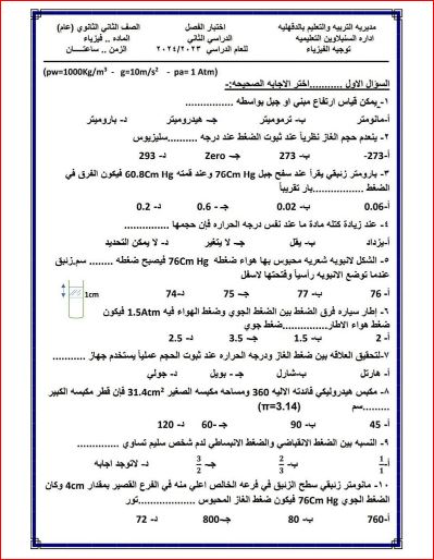 مدرس دوت كوم امتحان الفيزياء ونموذج الإجابة للصف الثانى الثانوى الترم الثانى 2024 إدارة السنبلاوين التعليمية	