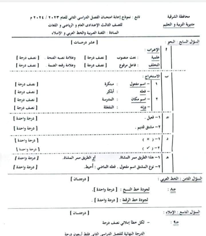 مدرس اول نموذج إجابة امتحان اللغة العربية لمحافظة الشرقية للصف الثالث الإعدادى الفصل الدراسي الثاني 2024	