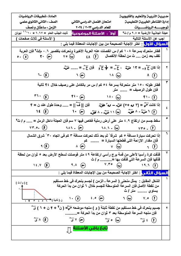 مدرس دوت كوم امتحان تطبيقات الرياضيات إدارة القناطر الخيرية للصف الثانى الثانوى الترم الثانى 2024	