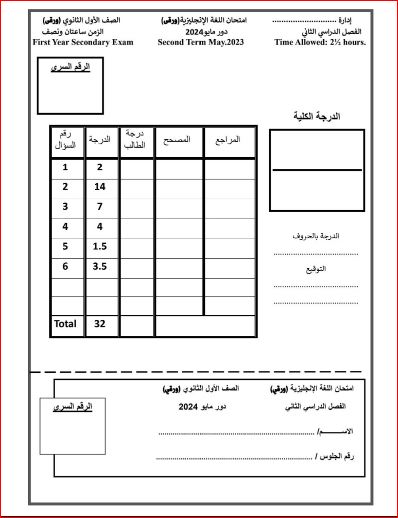 مدرس دوت كوم امتحان اللغة الانجليزية ونموذج الاجابة للصف الاول الثانوى الترم الثاني 2024 إدارة كفر سعد التعليمية بدمياط	