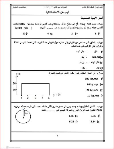 مدرس دوت كوم امتحان الفيزياء للصف الاول الثانوي الفصل الدراسي الثاني 2024 إدارة شربين التعليمية	