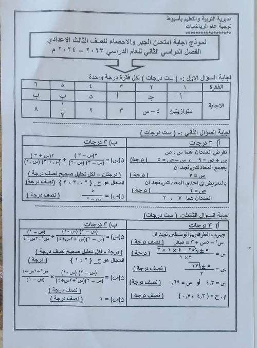 مدرس دوت كوم نموذج إجابة امتحان الجبر والإحصاء محافظة أسيوط للصف الثالث الإعدادى الترم الثانى 2024	