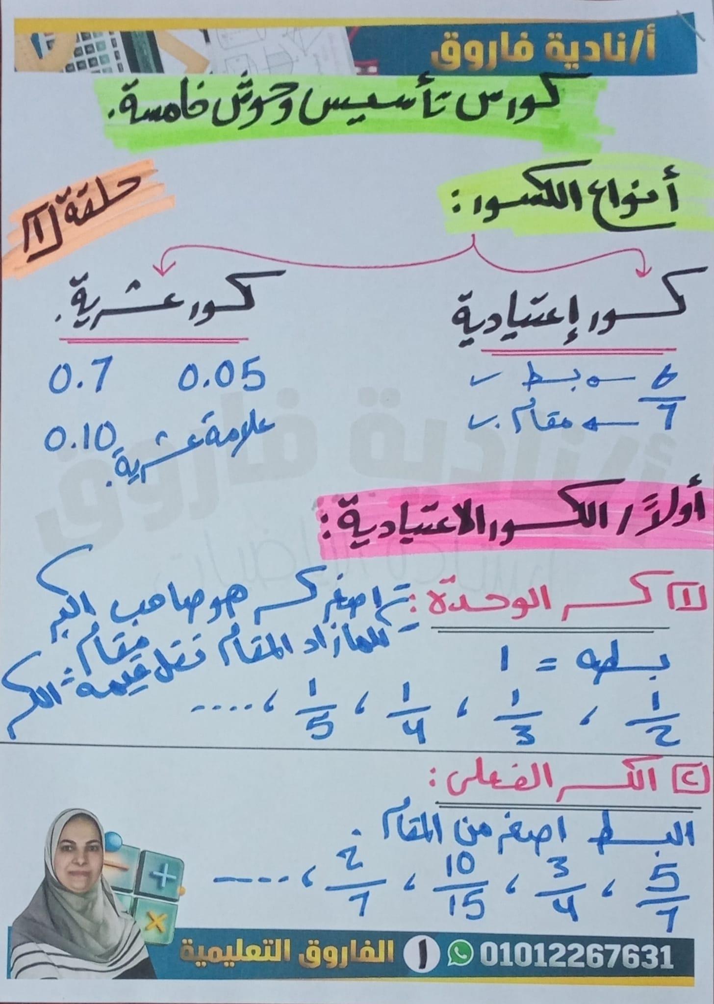 مدرس اول شيتات حلقة 1 من كورس التأسيس فى الرياضيات للصف الخامس الإبتدائى أ/ نادية فاروق	