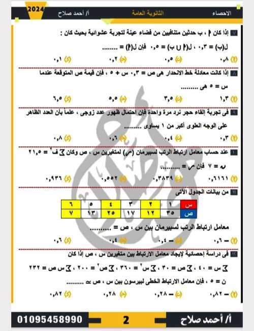 مدرس دوت كوم امتحان الاحصاء الصف الثالث الثانوى أ/احمد صلاح	