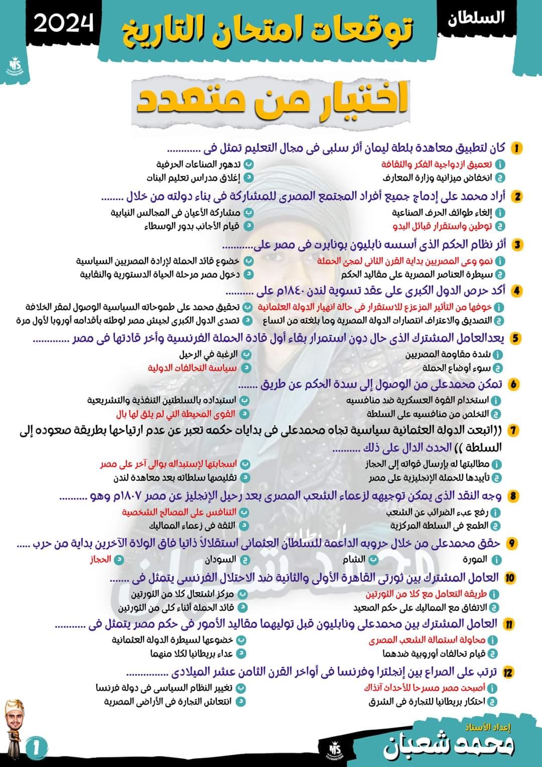 مدرس دوت كوم توقعات وأفكار امتحان التاريخ للصف الثالث الثانوى 2024 أ/ محمد شعبان	