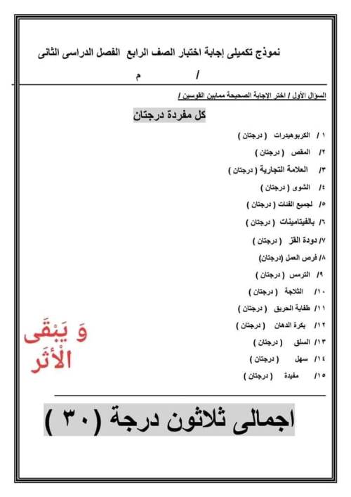 مدرس دوت كوم امتحانات الدور الثاني مهارات مهنية الصف الرابع والخامس والسادس الابتدائى + الإجابة	