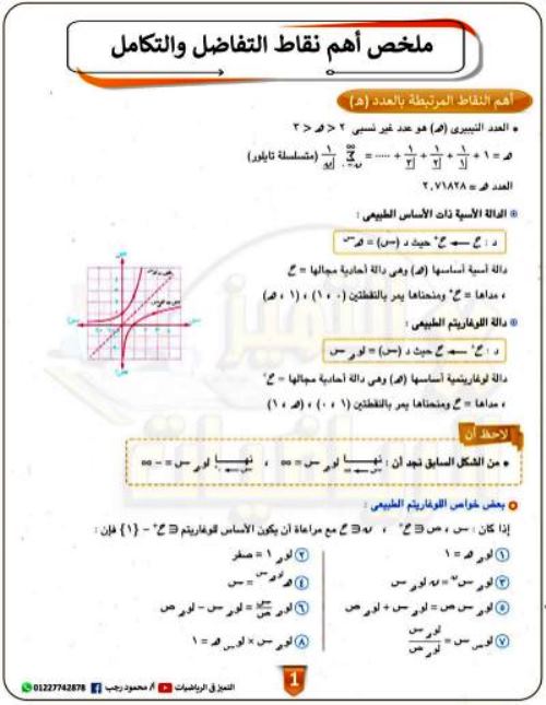 مدرس اول ملخص قوانين المنهج فى التفاضل والتكامل الصف الثالث الثانوى أ/ محمود رجب 