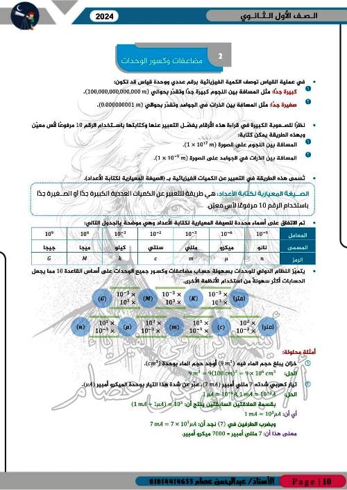 مدرس اول مذكرة فى مادة الفيزياء الصف الاول الثانوى الترم الاول أ/ عبد الرحمن عصام 