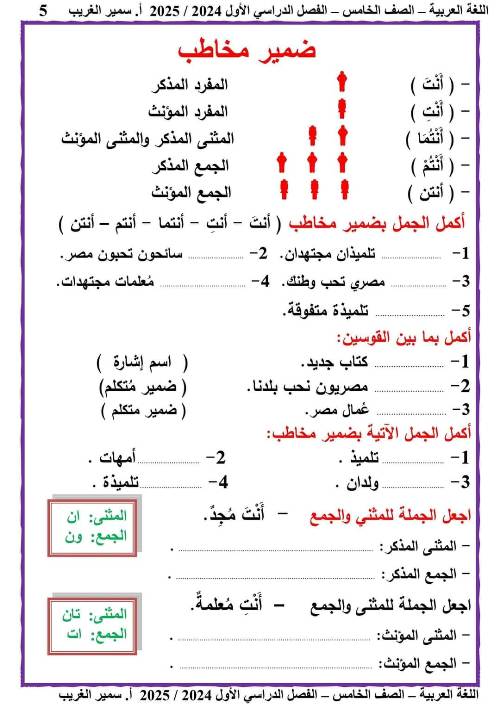 مدرس دوت كوم مذكرة لغة عربية للصف الخامس الابتدائي الفصل الدراسي الأول أ/ سمير الغريب