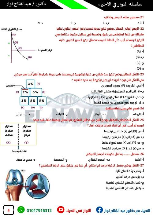 مدرس دوت كوم امتحان شامل علي فصل الدعامه في الكائنات الحيه فى الاحياء الصف الثالث الثانوي د/ عبد الفتاح نوار 