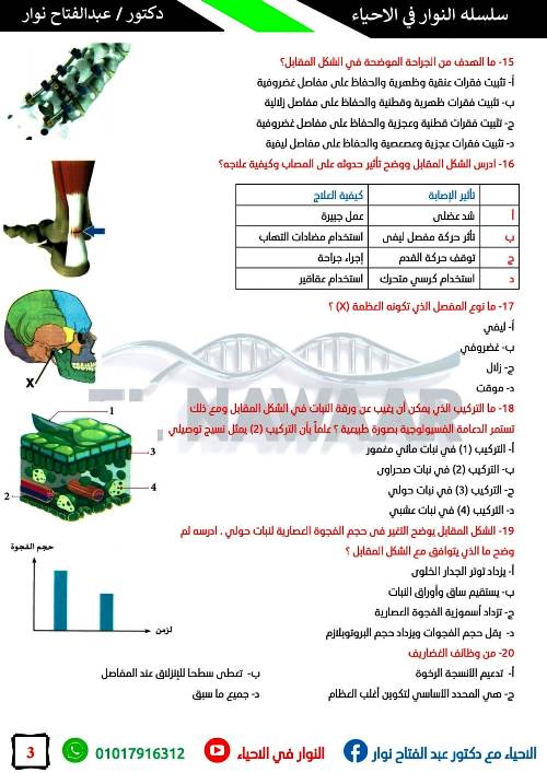 مدرس دوت كوم امتحان شامل علي فصل الدعامه في الكائنات الحيه فى الاحياء الصف الثالث الثانوي د/ عبد الفتاح نوار 