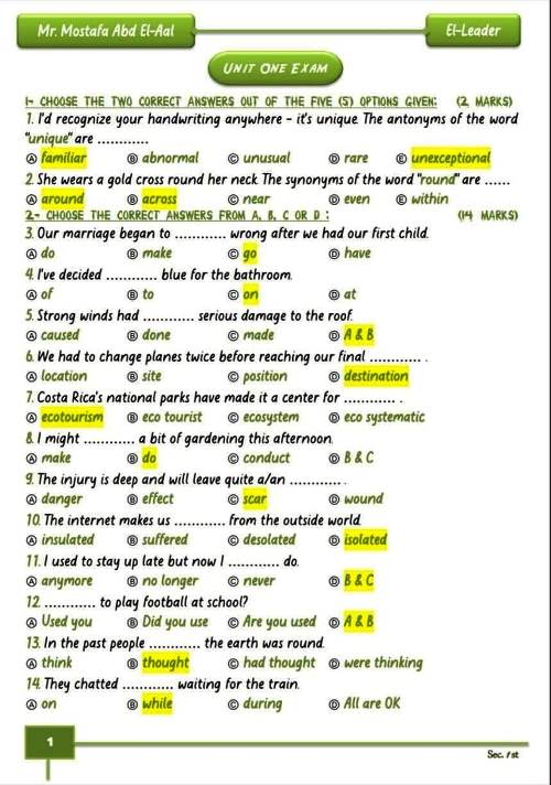 مدرس اول امتحان على الوحدة الاولى فى اللغة الانجليزية الصف الاول الثانوى الترم الاول أ/ مصطفى عبد العال 