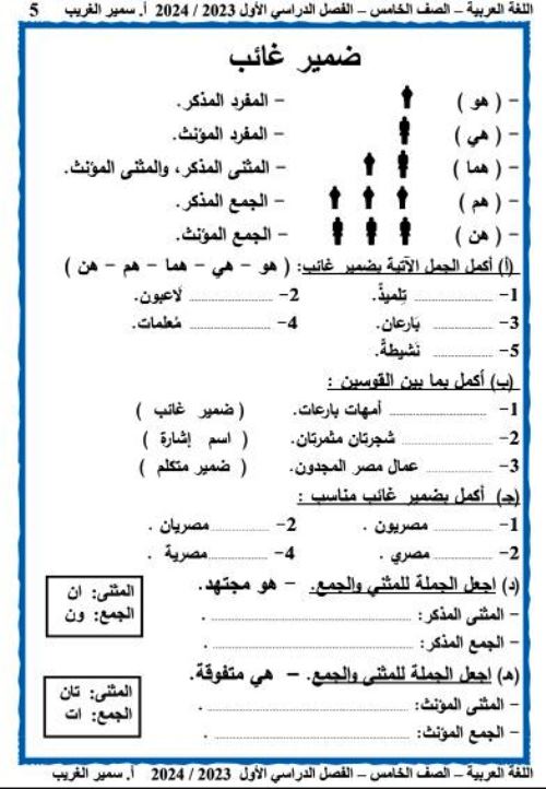 مدرس دوت كوم مذكرة لغة عربية الصف الخامس الابتدائى الترم الاول أ/ سمير الغريب 