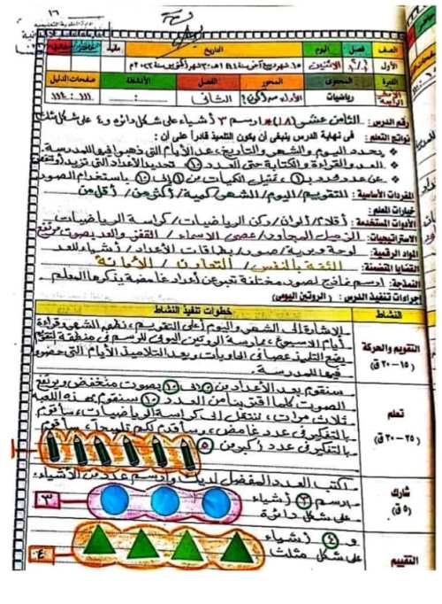 مدرس اول تحضير دروس في  الرياضيات للصف الأول الابتدائي 