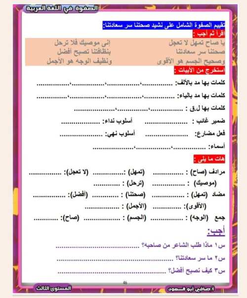 مدرس اول مذكره في اللغة العربية الصف الثالث الابتدائي الترم الاول أ/ صافي ابو السعود 