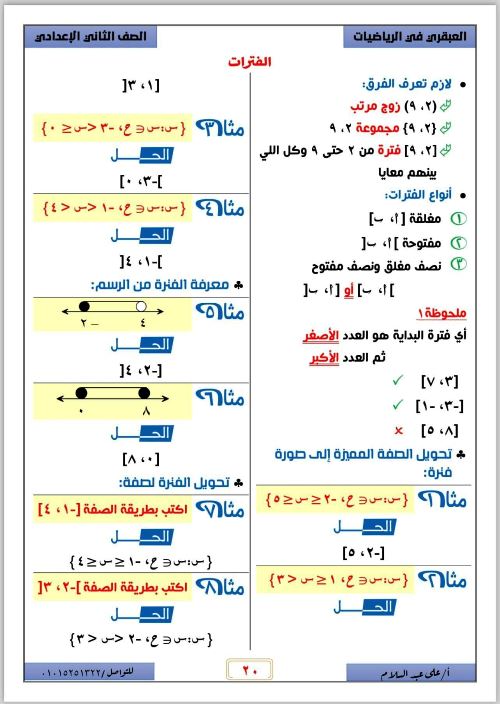 مذكرة فى الرياضيات الصف الثانى الاعدادى الترم الاول أ/ على عبد السلام  مدرس اول