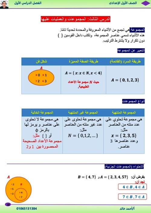 مدرس دوت كوم الوحدة الأولي والثانية رياضيات الصف الاول الاعدادى الترم الاول أ/ احمد خالد 