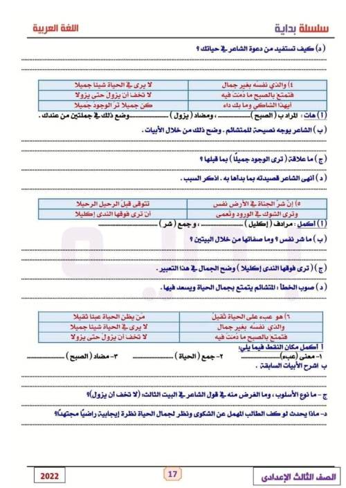 مدرس اول مذكرة فى اللغة العربية للصف الثالث الاعدادى الترم الاول 