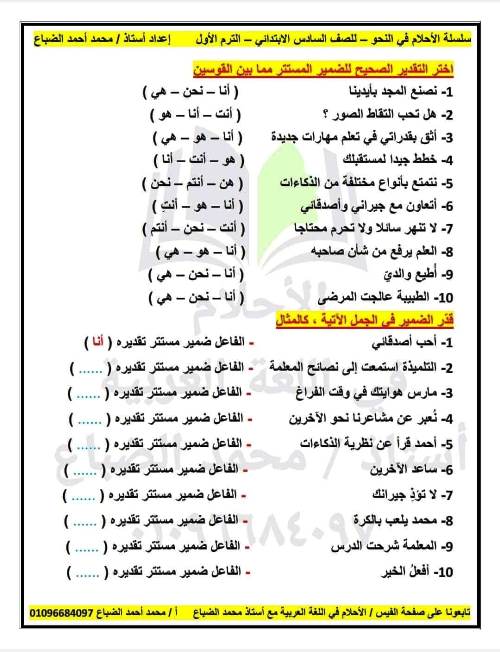 مدرس دوت كوم مذكرة لغة عربية الصف السادس الابتدائى الترم الاول أ/ محمد أحمد الضباع