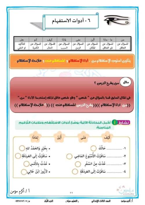 مدرس اول مراجعه في اللغه العربيه  الصف الثالث الابتدائي ترم اول أ/ أكرم مؤمن