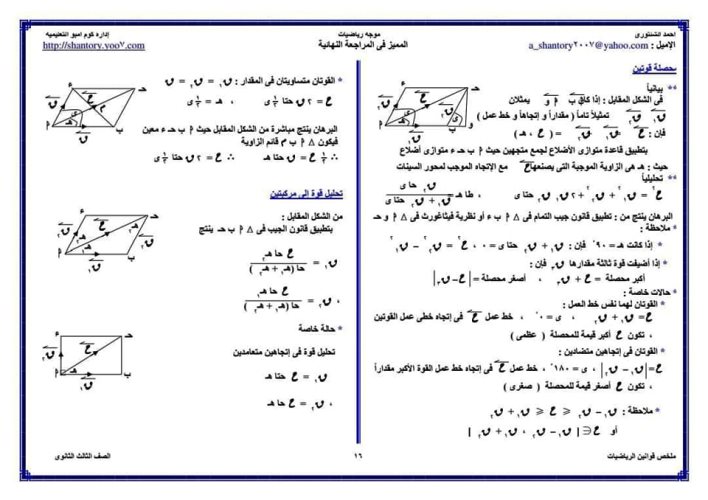 مدرس دوت كوم ملخص قوانين الرياضيات للصف الثالث الثانوي أ/ أحمد الشنتوري