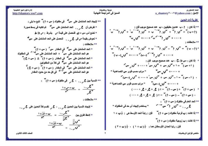 مدرس دوت كوم ملخص قوانين الرياضيات للصف الثالث الثانوي أ/ أحمد الشنتوري
