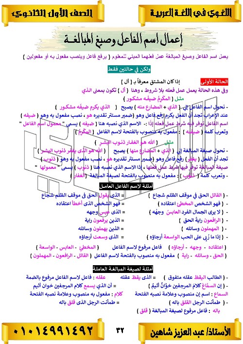 مدرس اول مذكره في اللغه العربيه الصف الاول الثانوي الترم الاول أ/ عبد العزيز شاهين 