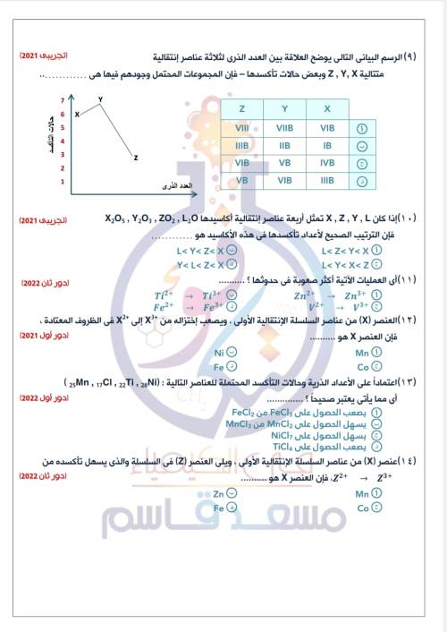 مدرس اول اسئله في ماده الكيمياء الصف الثالث الثانوي 