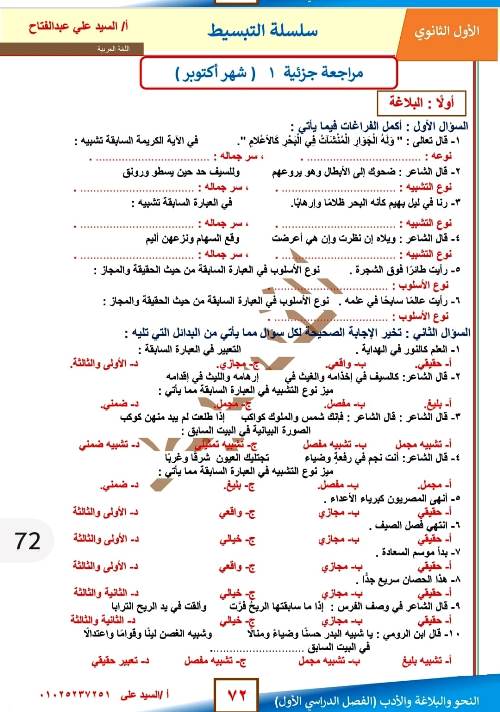 مدرس اول مذكرة فى اللغة العربية الصف الاول الثانوى الترم الاول أ/ السيد على عبد الفتاح 