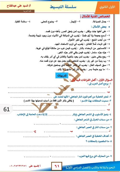 مدرس اول مذكرة فى اللغة العربية الصف الاول الثانوى الترم الاول أ/ السيد على عبد الفتاح 