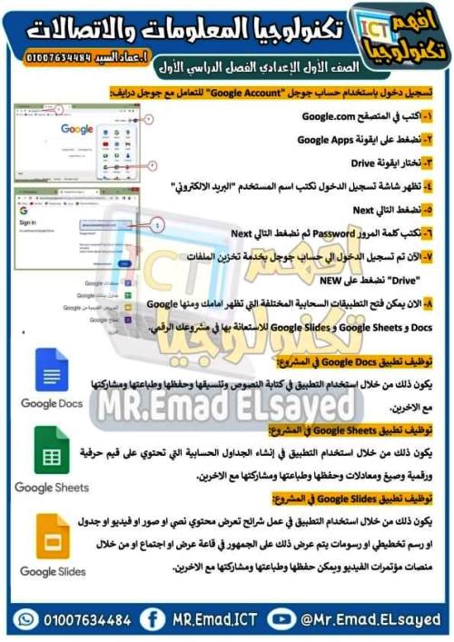 مدرس اول مذكرة شرح فى مادة  تكنولوجيا المعلومات والاتصالات للصف الأول الاعدادي ترم أول أ/ عماد السيد 