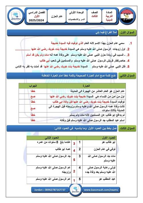 مدرس دوت كوم نماذج امتحانات تربية دينية إسلامية للصف الثالث الابتدائي الفصل الدراسي الأول