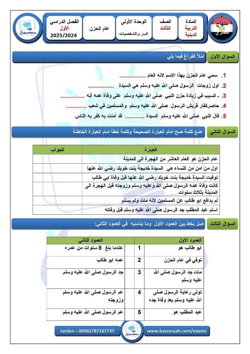 مدرس دوت كوم نماذج امتحانات تربية دينية إسلامية للصف الثالث الابتدائي الفصل الدراسي الأول