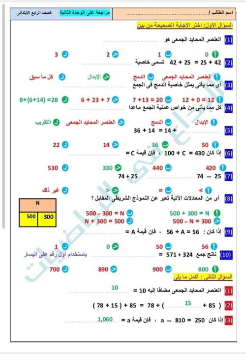 مدرس دوت كوم مراجعه في الرياضيات الصف الرابع الابتدائي الترم الاول