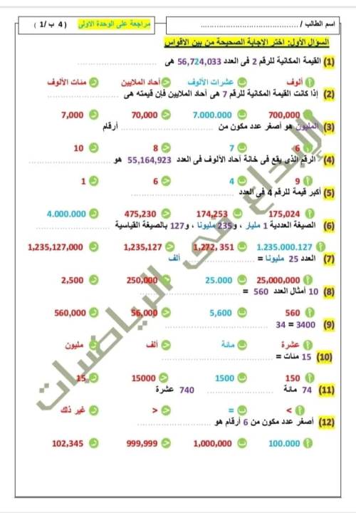 مدرس دوت كوم مراجعه في الرياضيات الصف الرابع الابتدائي الترم الاول