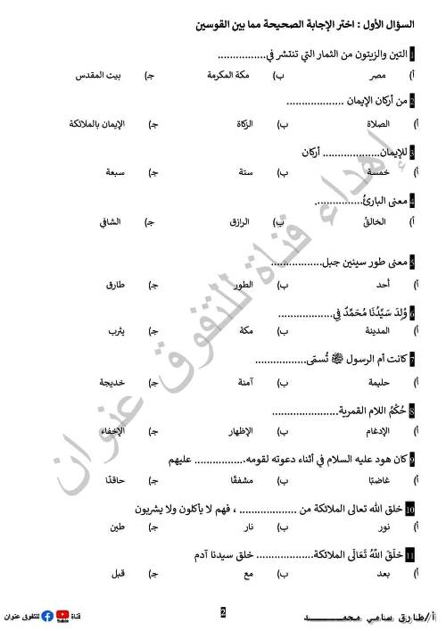 مدرس دوت كوم مراجعة في مادة التربية الدينية الإسلامية للصف الرابع الإبتدائي الترم الاول أ/طارق سامى محمد 