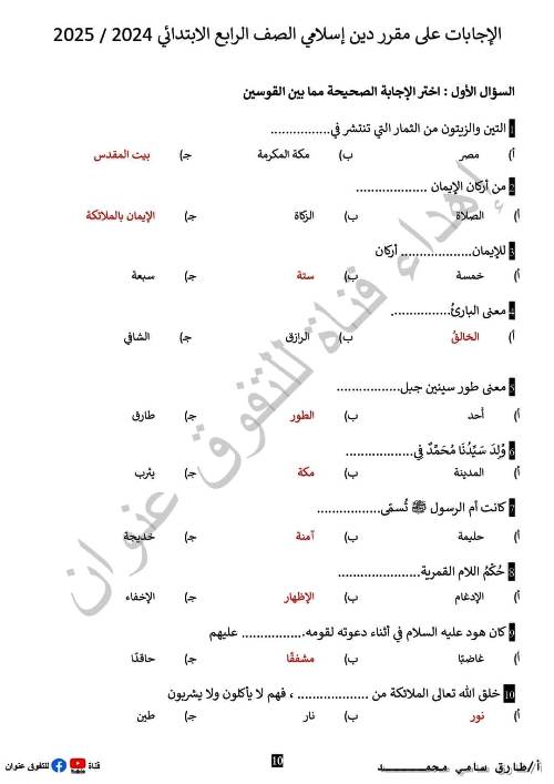 مدرس دوت كوم مراجعة في مادة التربية الدينية الإسلامية للصف الرابع الإبتدائي الترم الاول أ/طارق سامى محمد 